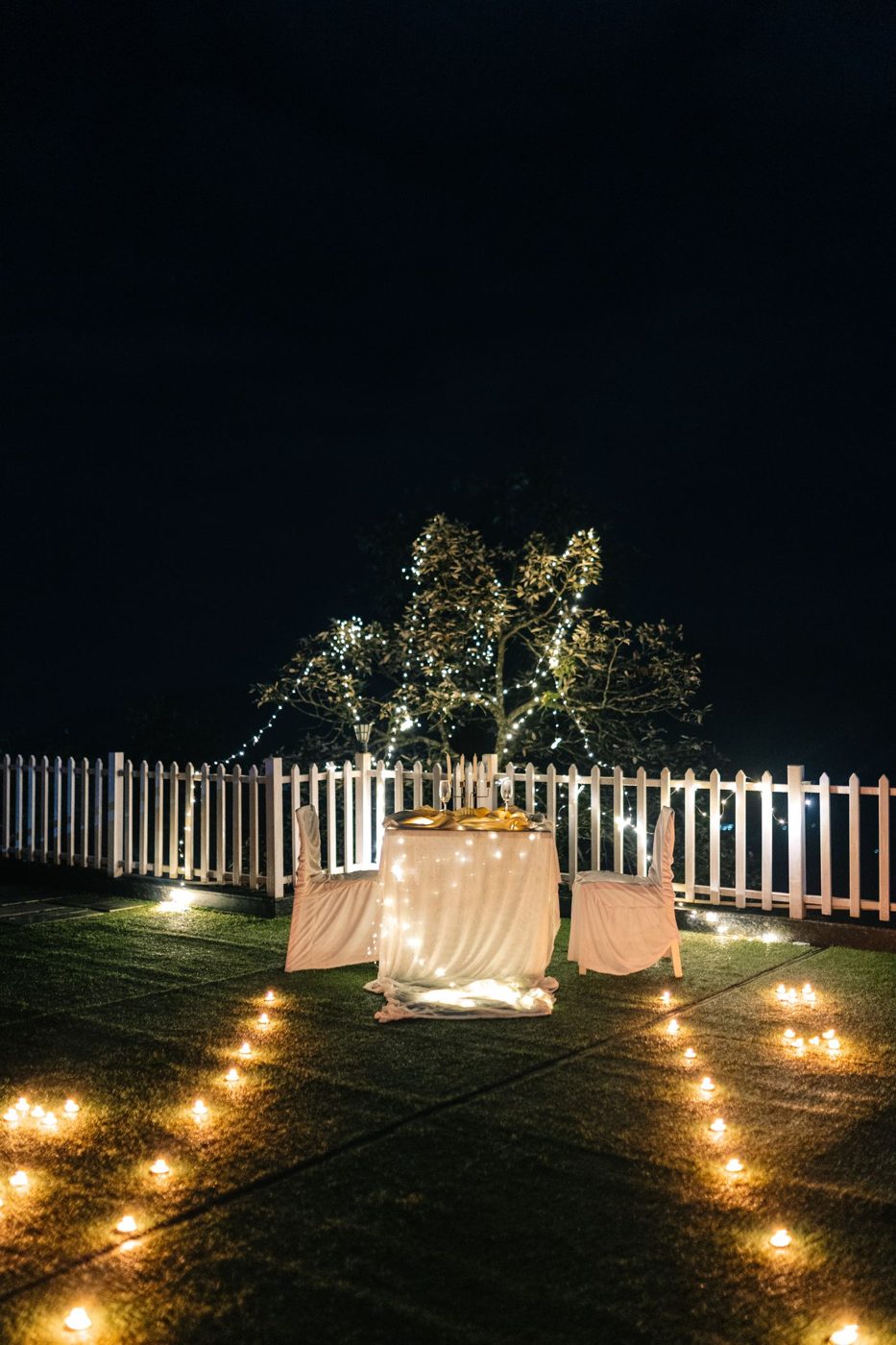 An outdoor lawn dinner lit by fairy lights at night